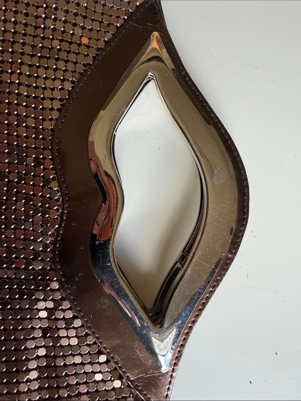 Copper Rose Gold Metal Mesh Clutch Evening Bag Geometric Handle